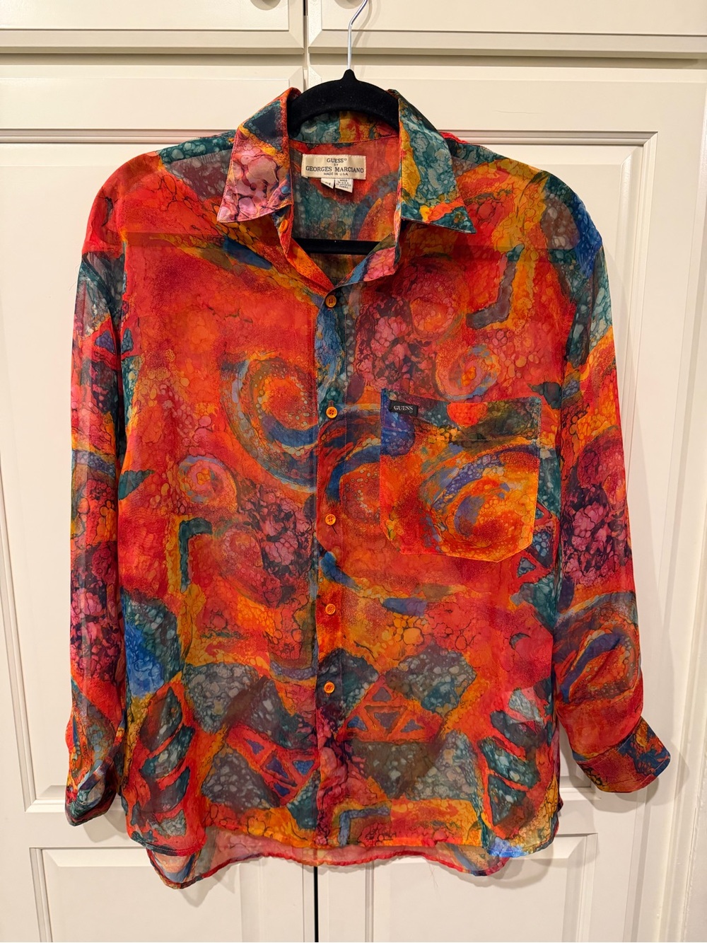 Vintage 90s GUESS by Georges Marciano Abstract Print Button Up Shirt M Made USA